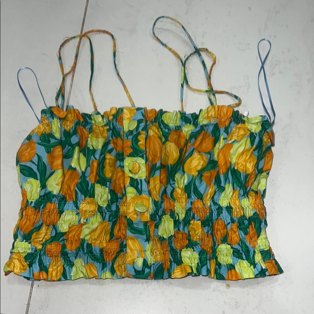 Zara Yellow and Green Ruched Crop Camisole